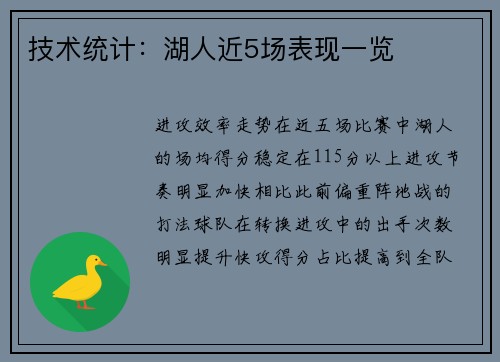 技术统计：湖人近5场表现一览